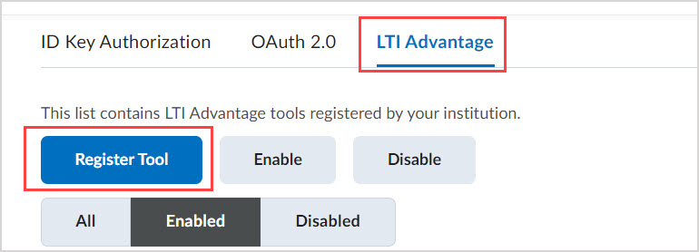 The LTI Advantage tab is highlighted third from the left, next to OAuth2.0. Underneath the Register Tool button is highlighted.